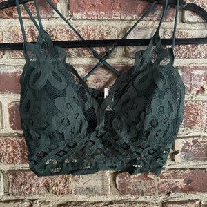 Lace Longline Bralette Forest Green Strappy Back Boho Festival Top Size M